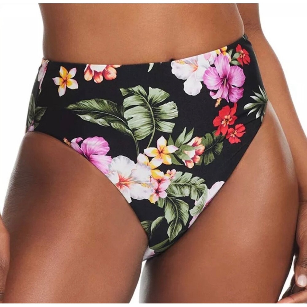 NWT Bar III Bikini Bottoms Women Black Tropical Floral High Waist M $40